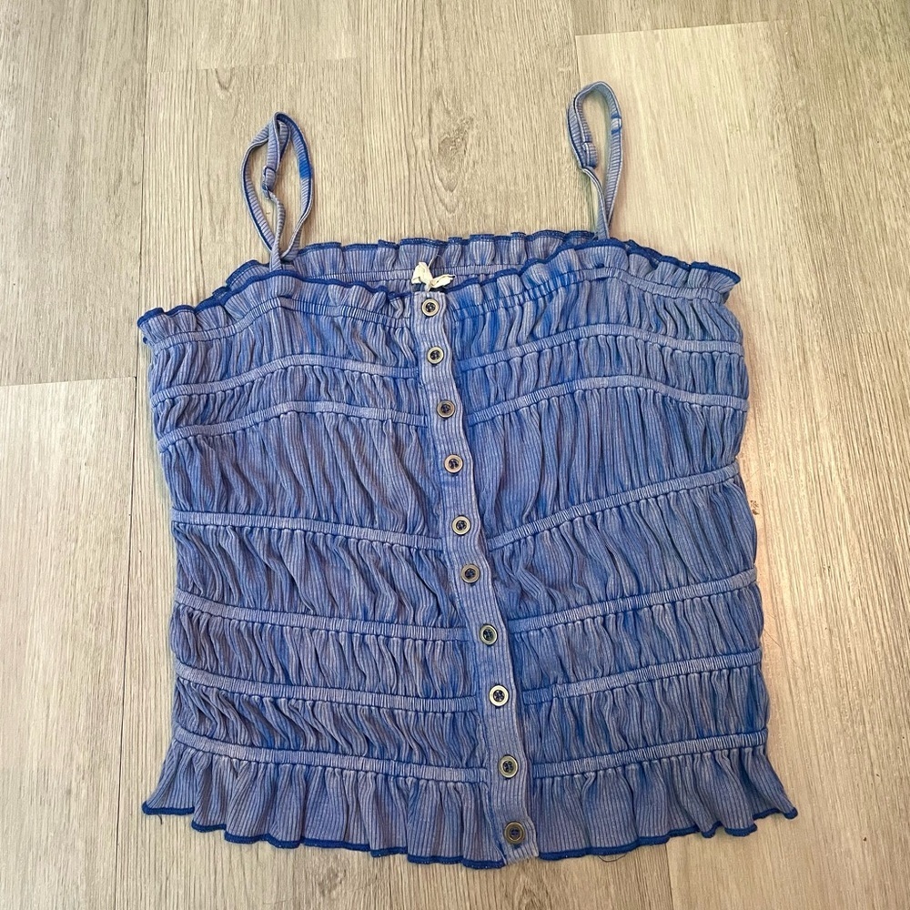 NEW POL Washed Blue Smocked Button Front Cami Tank Top Small